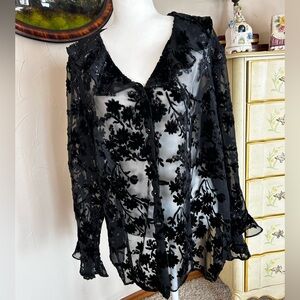 Black Lace Ruffle Sheer Blouse Size 18